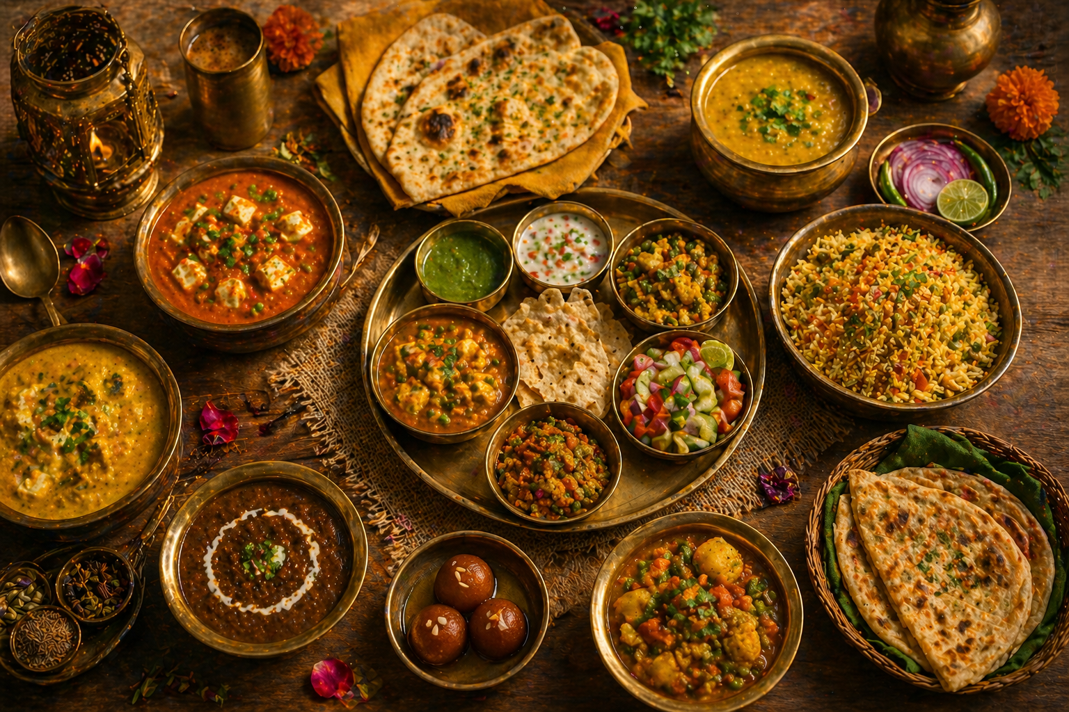 Big festive thali spread — paneer, dal makhani, biryani, gulab jamun, breads, raita