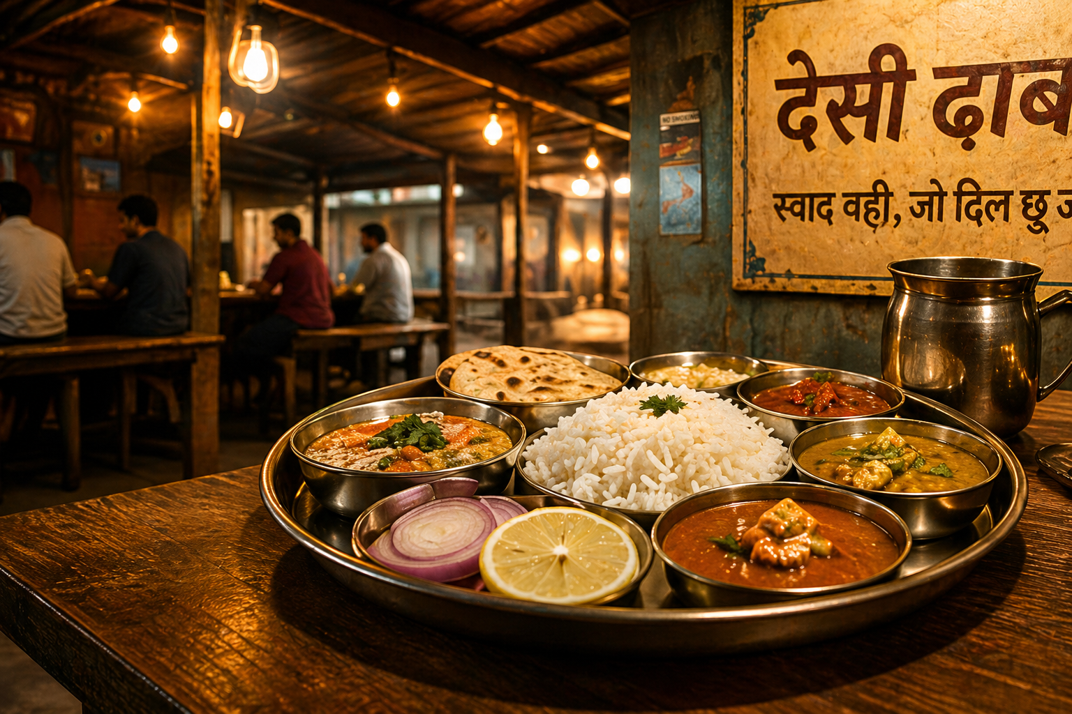 Thali with paneer, rice, dal, raita served in steel plates