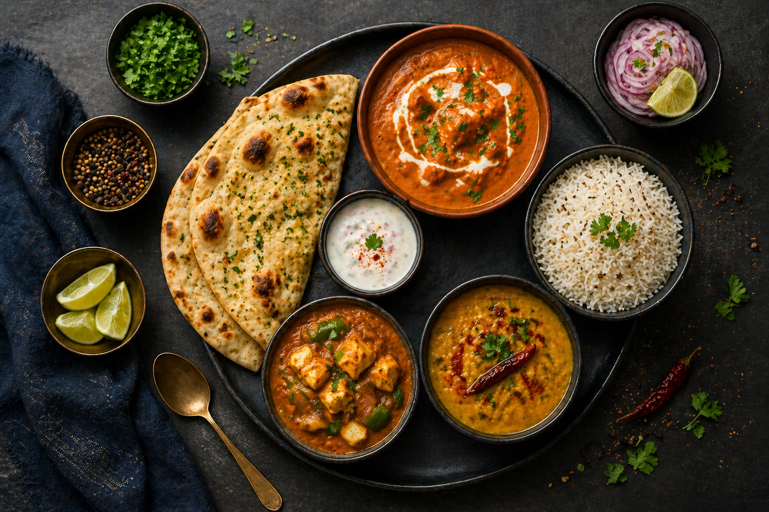 Vegetarian platter — paneer, dal, naan, rice, raita