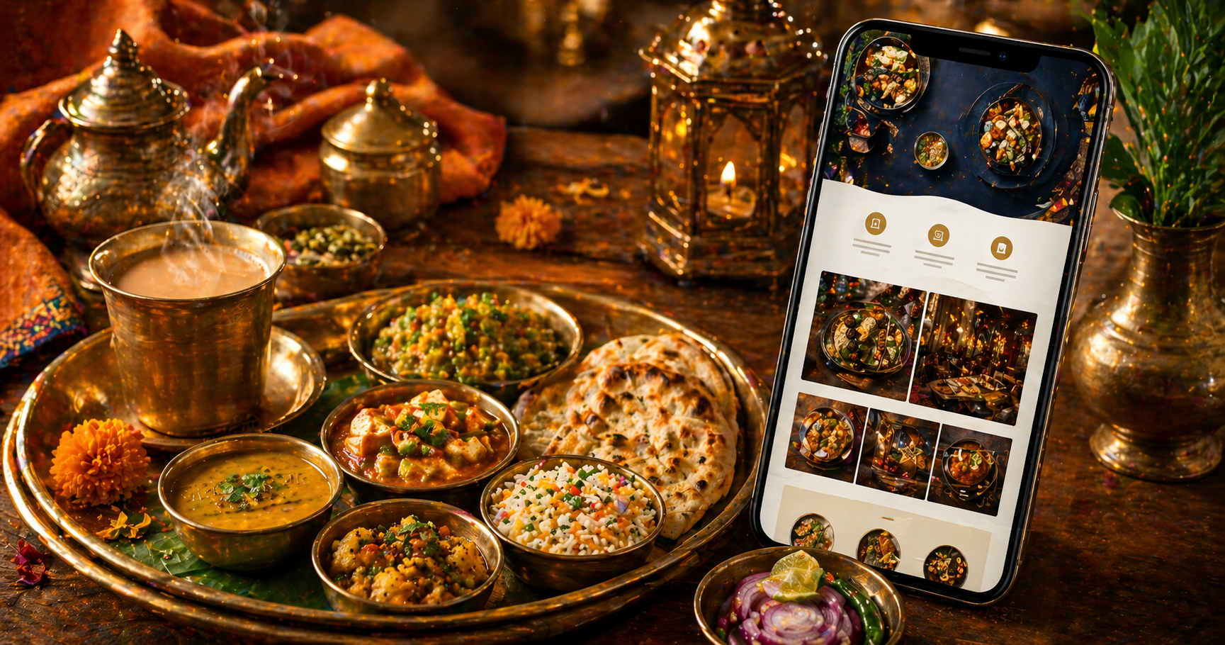Brass thali setup with our menu app on phone